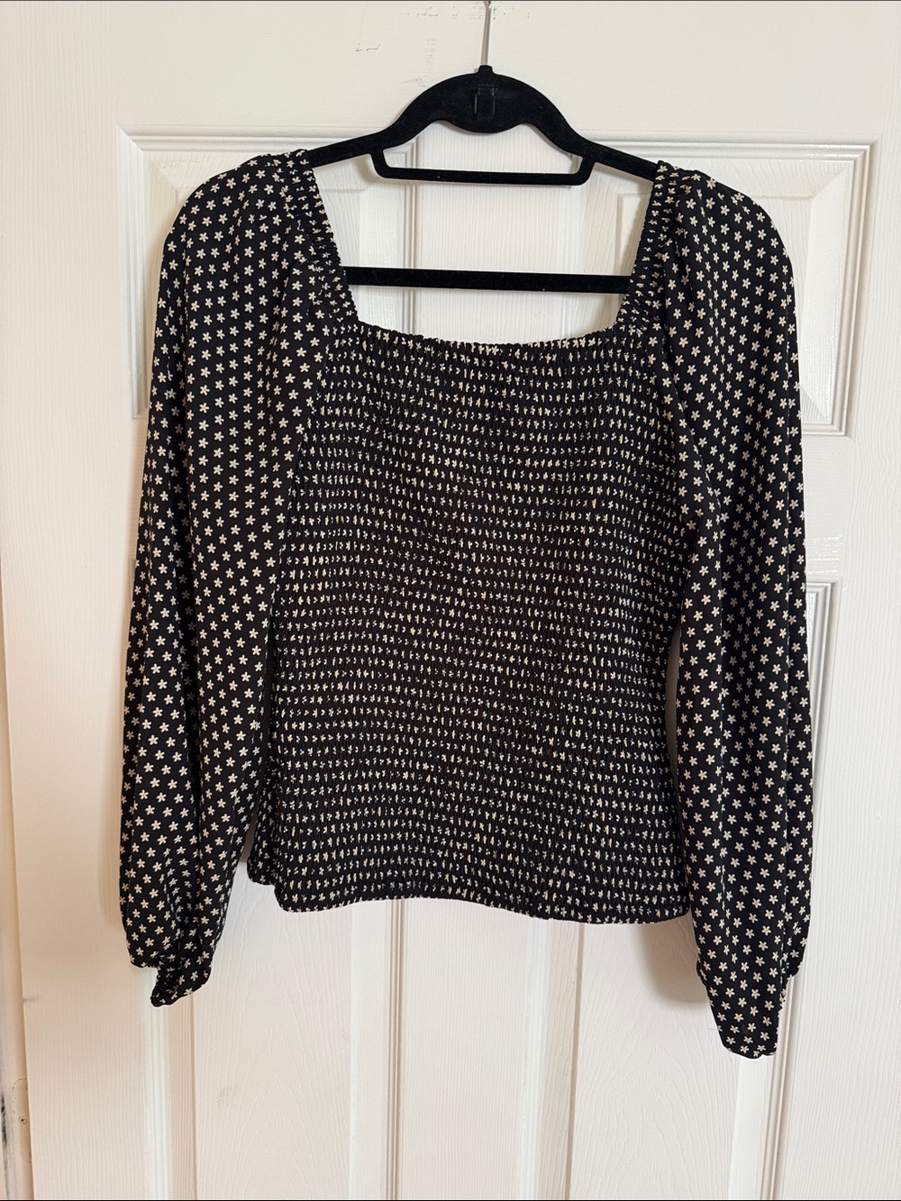 Black Smocked Square-Neck Star Print Blouse